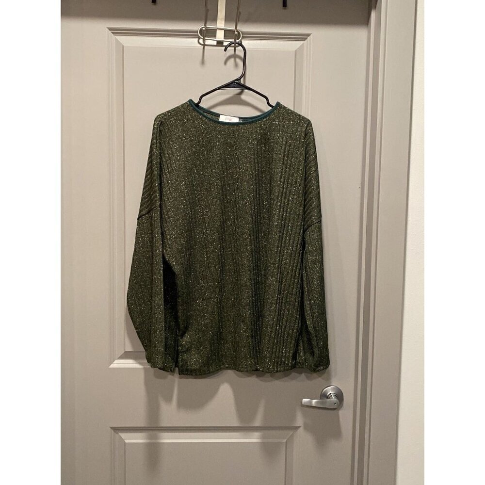 Dark Green Metallic Sweater 2X Lurex Sparkle Ribbed Holiday Party Top